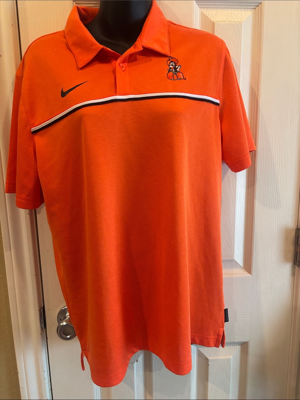 Nike Men’s Orange Polo with Black-White Chest Stripe and Embroidered Mascot